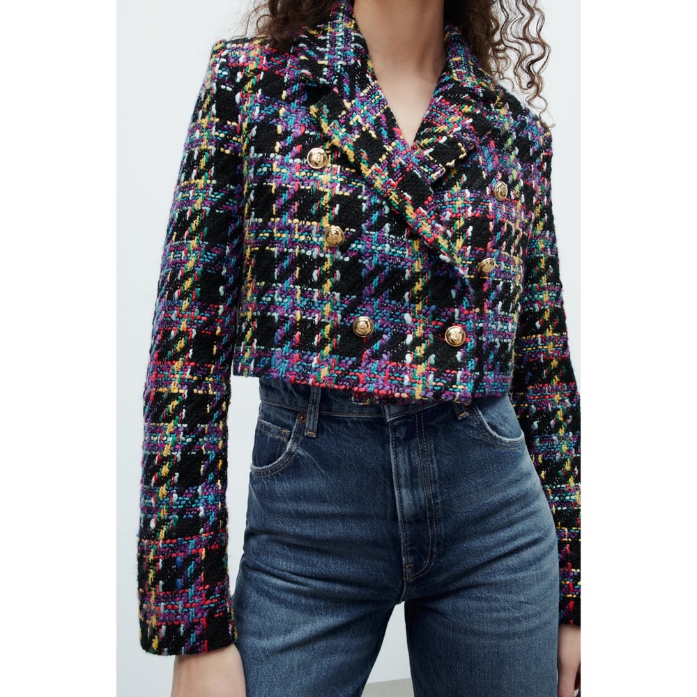 NWT ZARA Textured Cropped Tweed Double-Breasted Jacket Blazer Size S - Picture 8 of 12